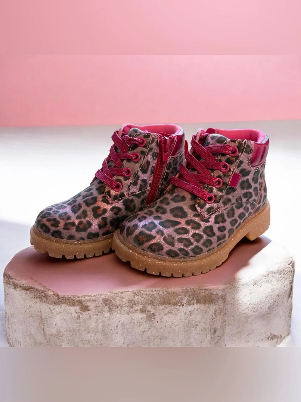S48 Dr. Scholl's Girls Headstart Toddler Pink Leopard Lace-Up Ankle Boots NEW